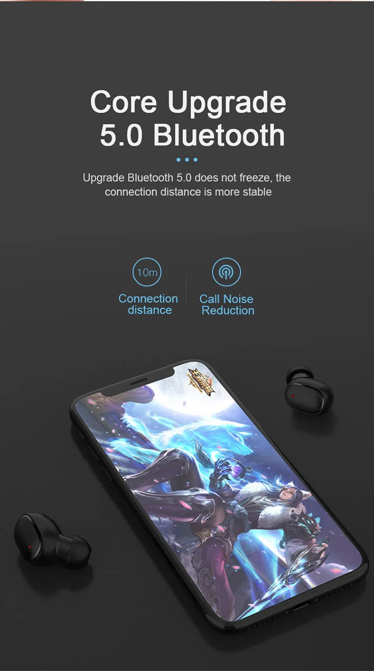 Black wireless earbuds with Bluetooth 5.0 technology displayed next to a smartphone showing a fantasy gaming screen.
