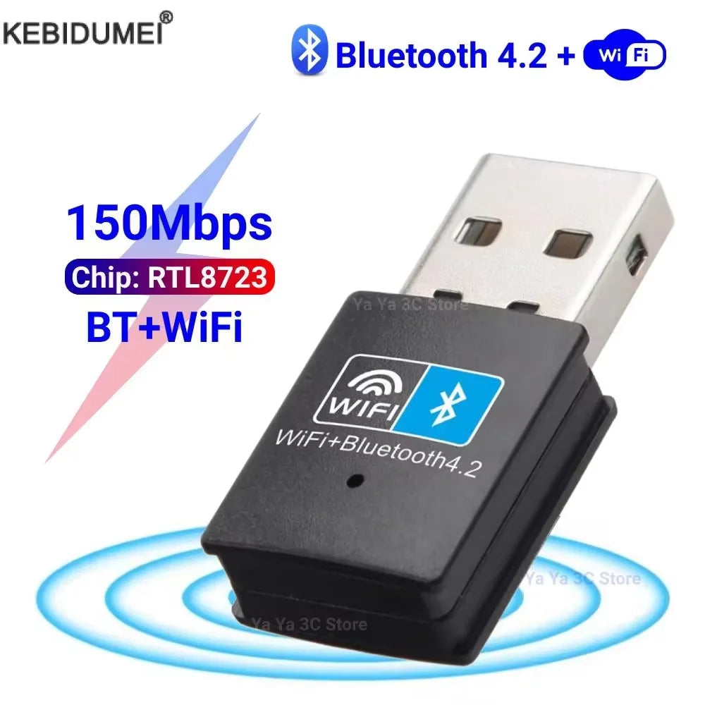 Compact black USB Wi-Fi and Bluetooth adapter with wireless signal icons on its face.