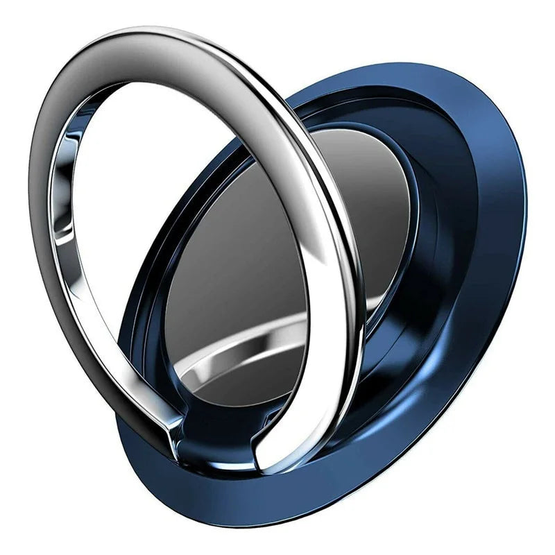 A metallic blue phone ring holder with a polished silver rotating ring, set against a plain white background.