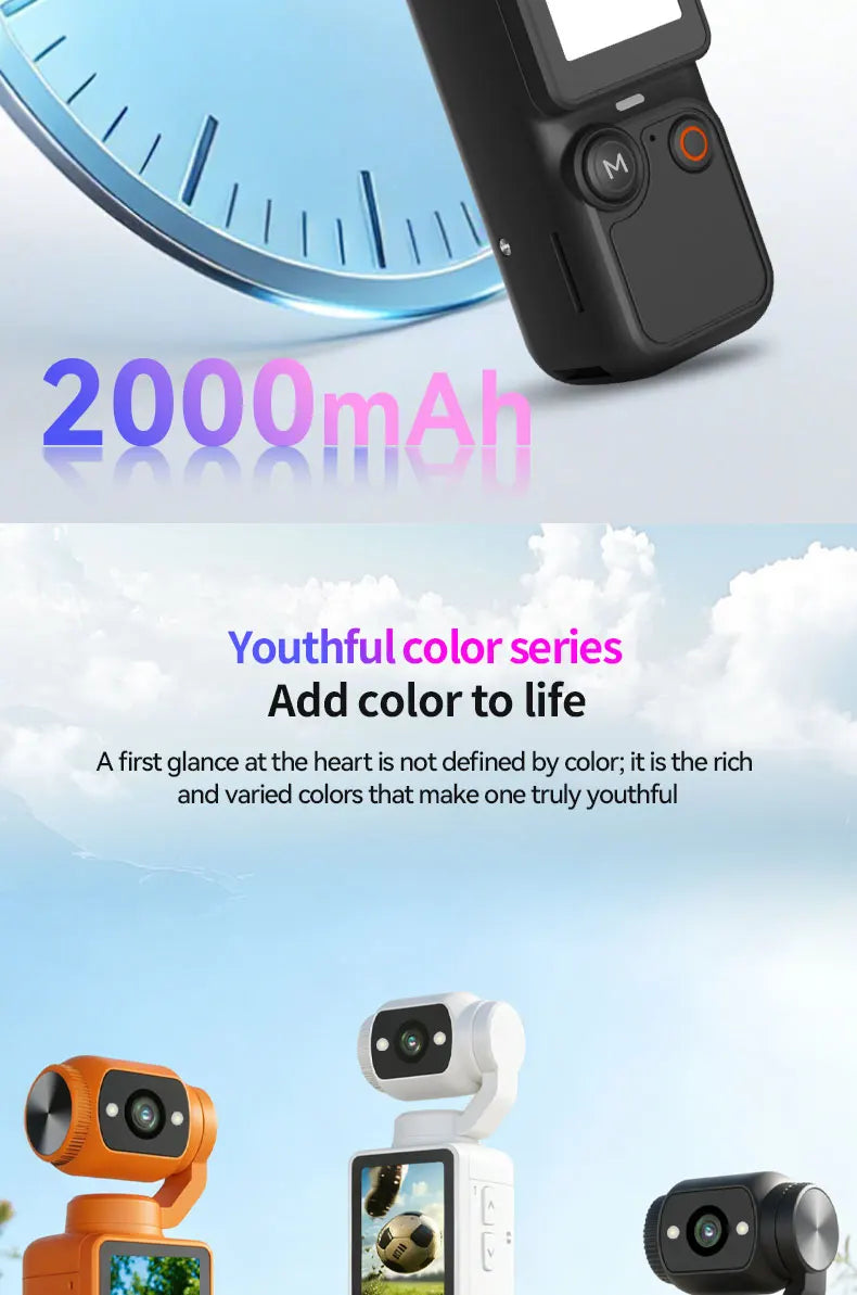 Three gimbal cameras in orange, white, and black with built-in screens and integrated batteries.