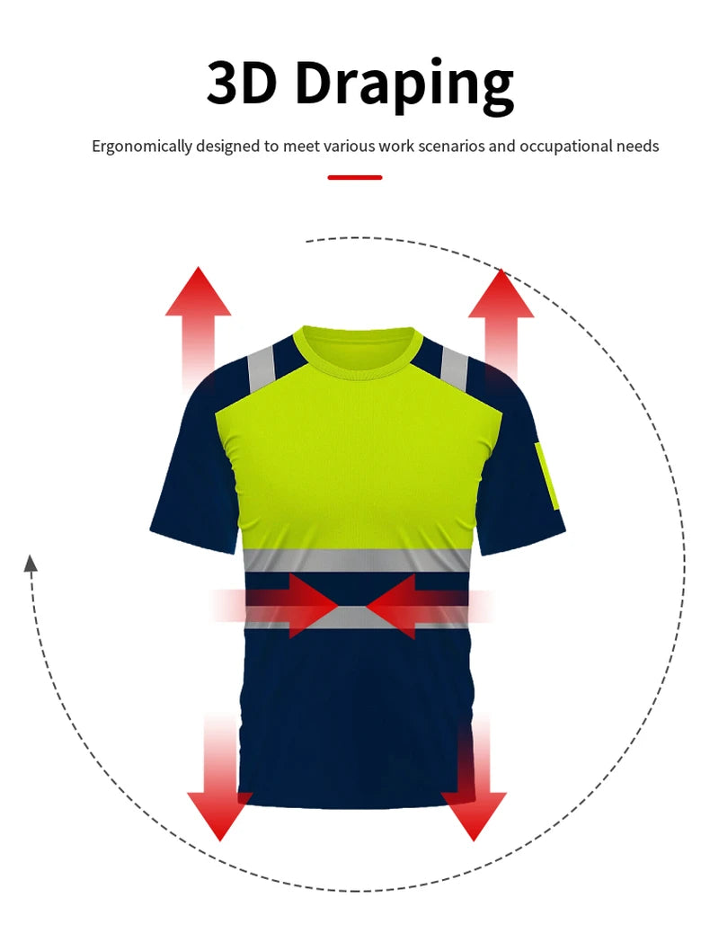 Men’s short-sleeve hi-vis work shirt in navy and neon yellow with reflective safety stripes and ergonomic 3D fit.