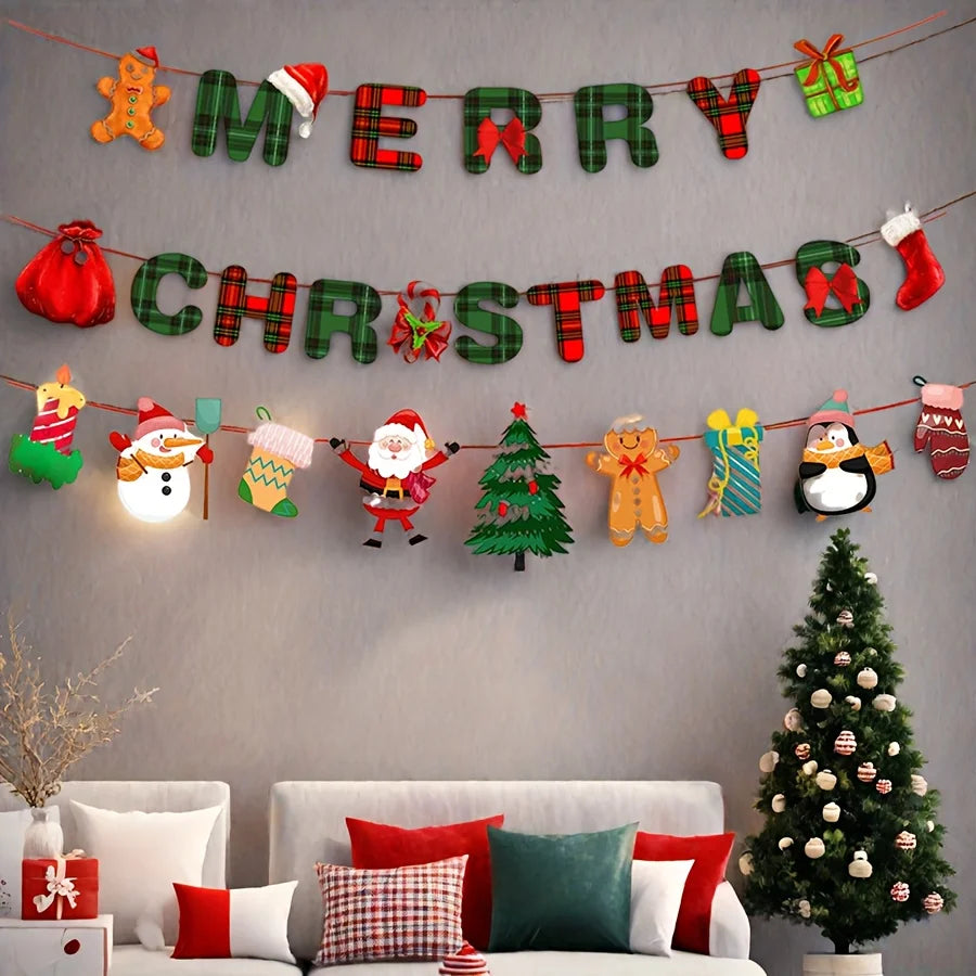 Festive Merry Christmas banner featuring red and green plaid lettering with cute character cut-outs and ornaments.