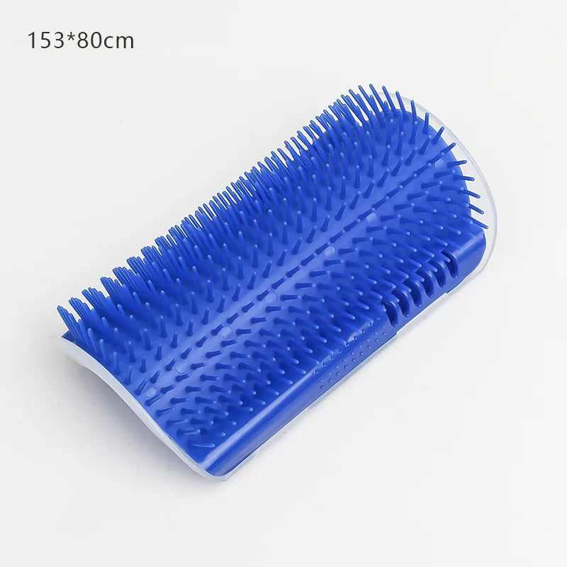 Blue plastic wall-mounted pet self-groomer brush with curved base for cats.