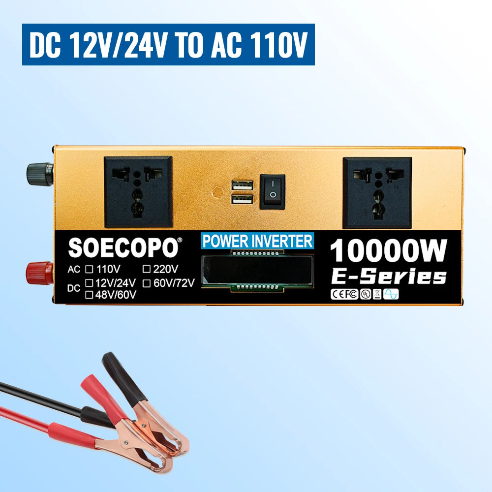 Gold-coloured 10000W car power inverter with two sockets, USB ports, LCD display, and included battery connector cables.