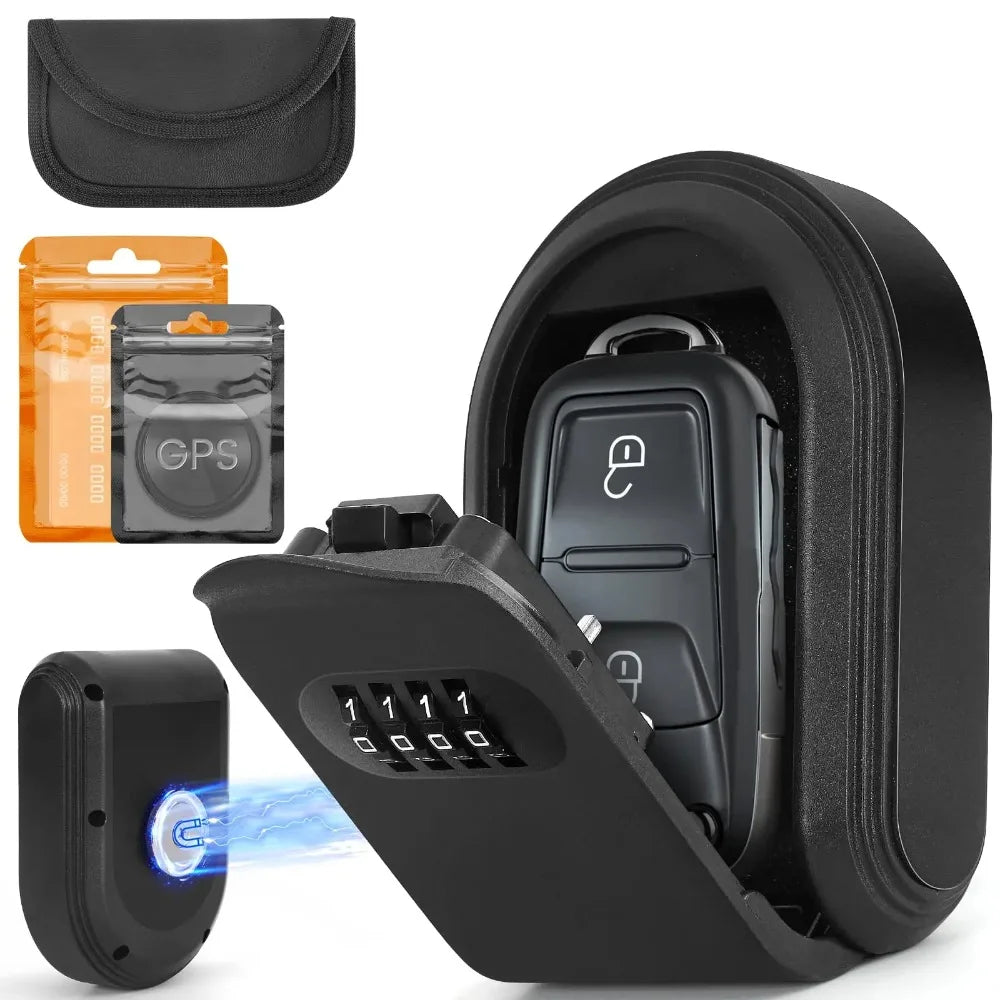 Black magnetic metal car key lock box with a four-digit combination dial, signal-blocking pouch, and GPS tracker.