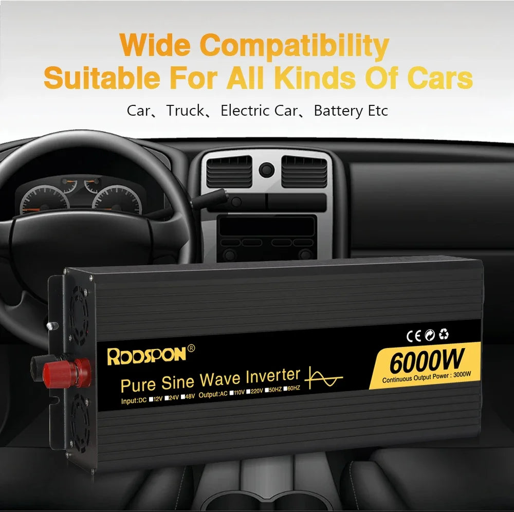 Black 6000W pure sine wave power inverter with red and black terminals, displayed against a car dashboard interior.