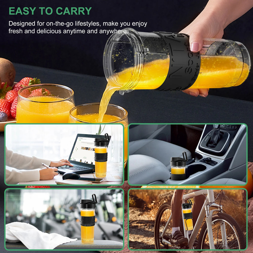Portable, clear personal blender bottle with black accents, shown used for fresh juice in various lifestyle settings.