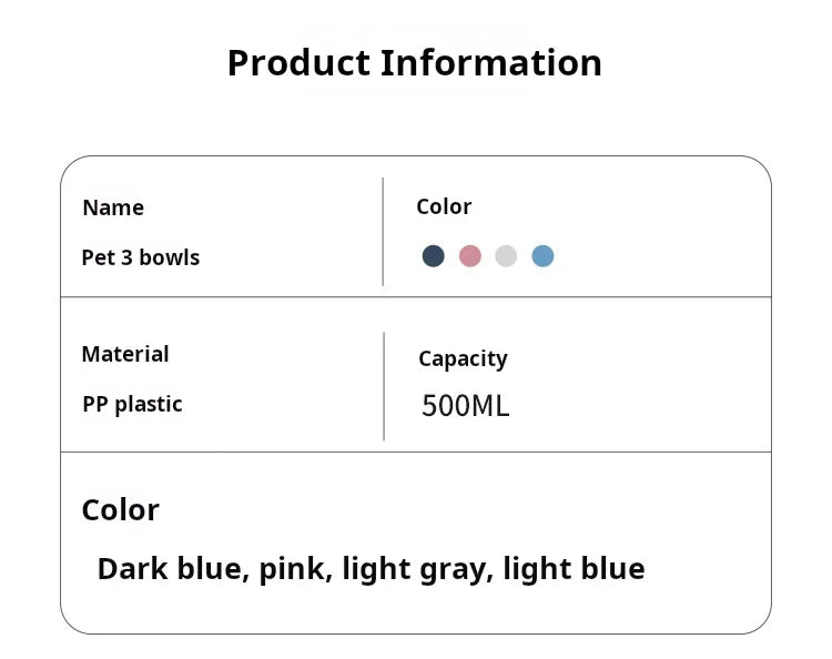Product information table for a 3-in-1 pet feeding station. Available in dark blue, pink, light grey, and light blue.