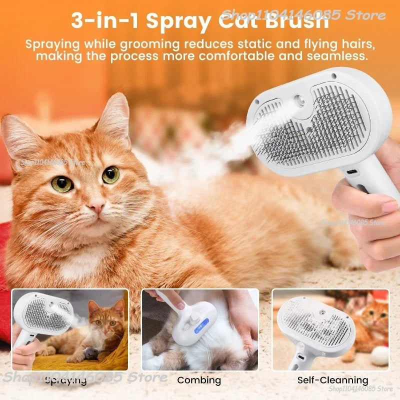 White 3-in-1 electric spray cat brush with grooming bristles, shown misting and brushing an orange tabby cat.