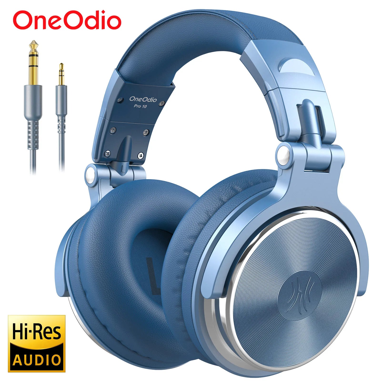 Blue wired over-ear DJ studio headphones with cushioned ear cups and an included audio cable.