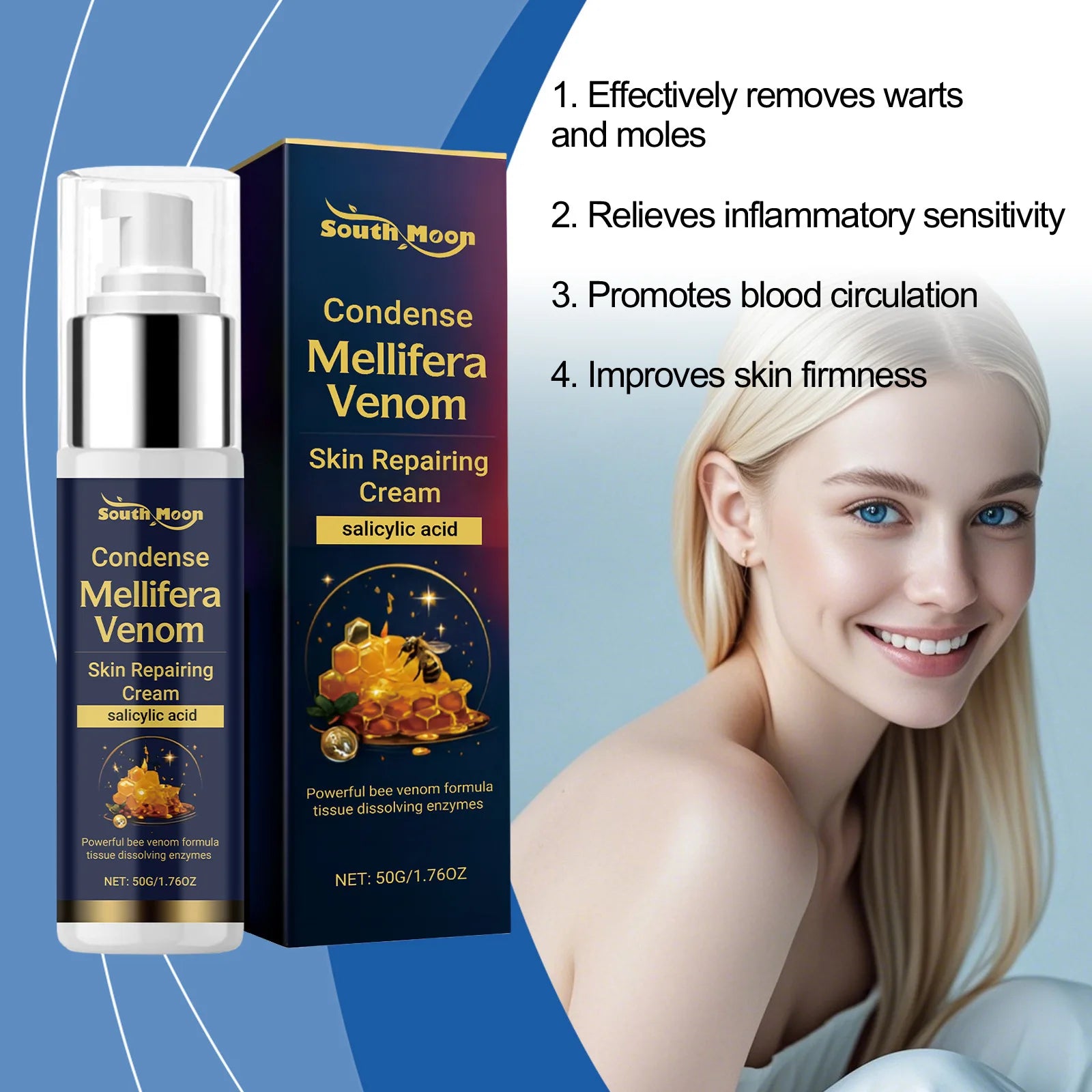 Blue 50g bee venom skin repairing cream bottle and box with a smiling woman, highlighting wart and mole removal.