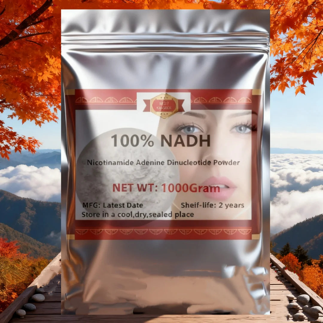 1000g pouch of 100% NADH powder in a resealable silver bag with label featuring a woman's face.