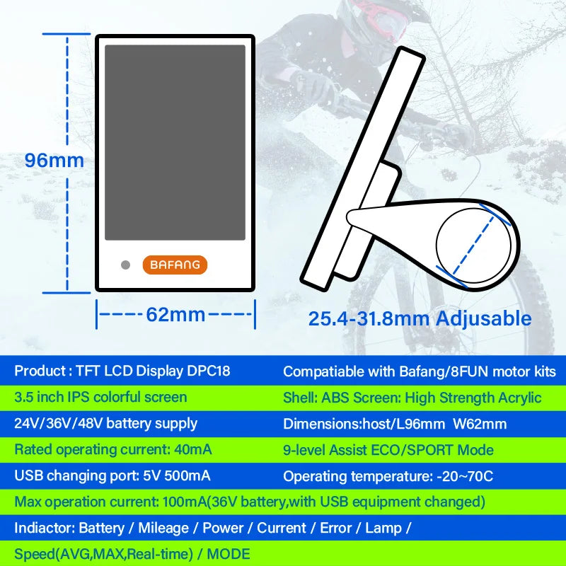 Black Bafang DPC18 e-bike display with rectangular TFT screen, handlebar mount, and dimensions 96x62mm.