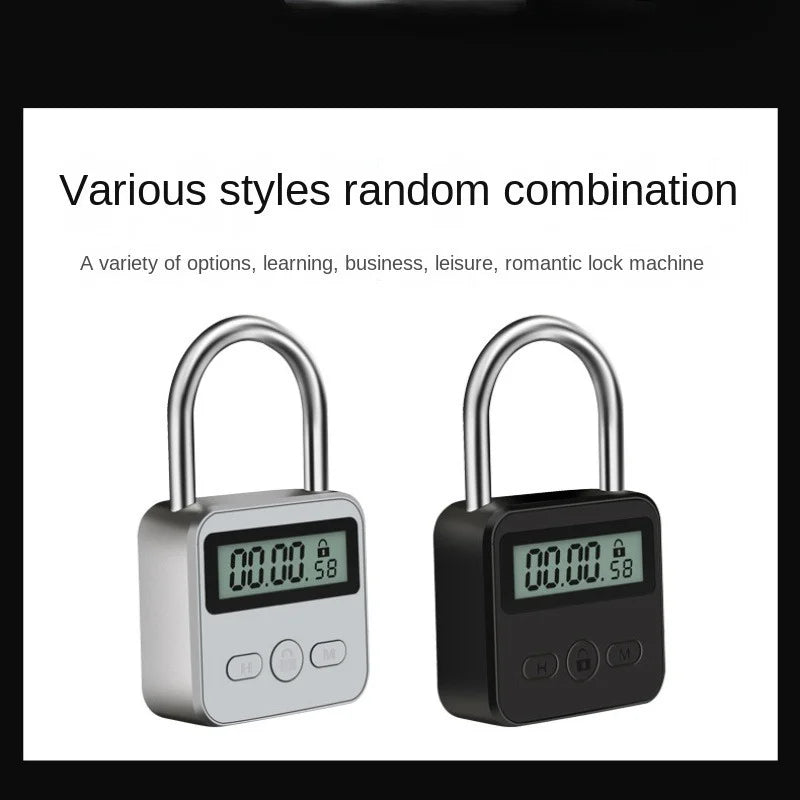 Two digital padlocks in silver and black with metal shackles, LCD screens, and three control buttons on the front.