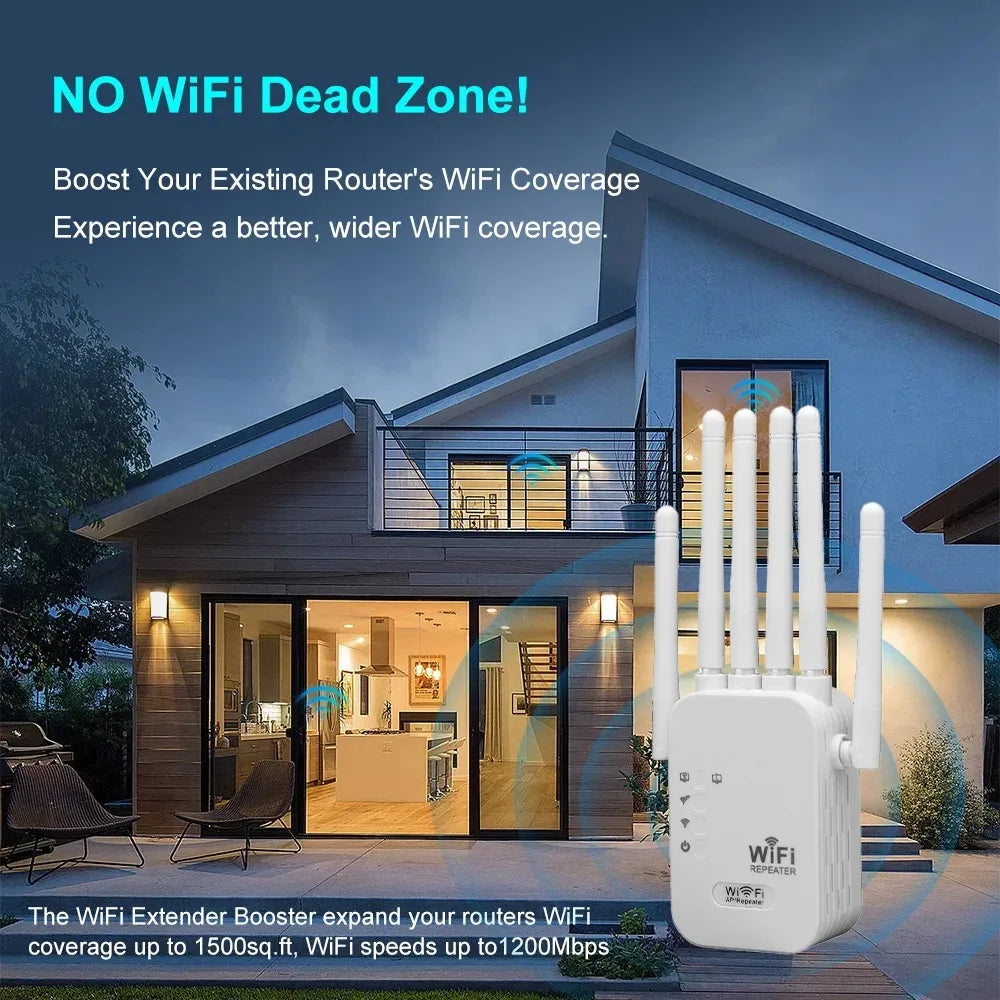White 1200Mbps WiFi range extender with four antennas, shown outdoors against a modern house at dusk.