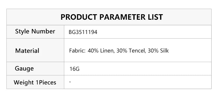 Product specification table showing a fabric blend of 40% linen, 30% Tencel, and 30% silk with a 16G gauge.