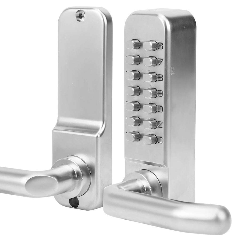 Silver-colored metal door lever handle set with a built-in mechanical push-button keypad code lock.