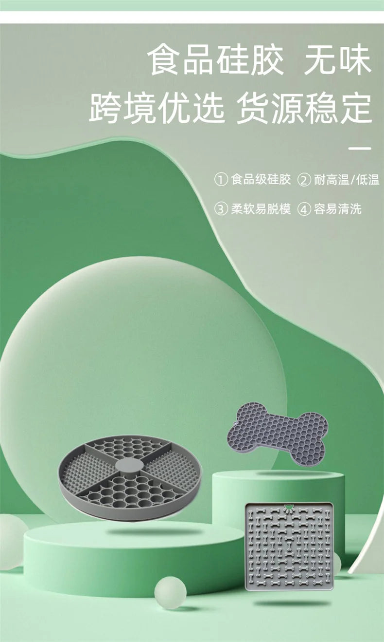 Grey silicone pet treat molds and slow feeder mats in circular, bone, and square shapes on a green background.