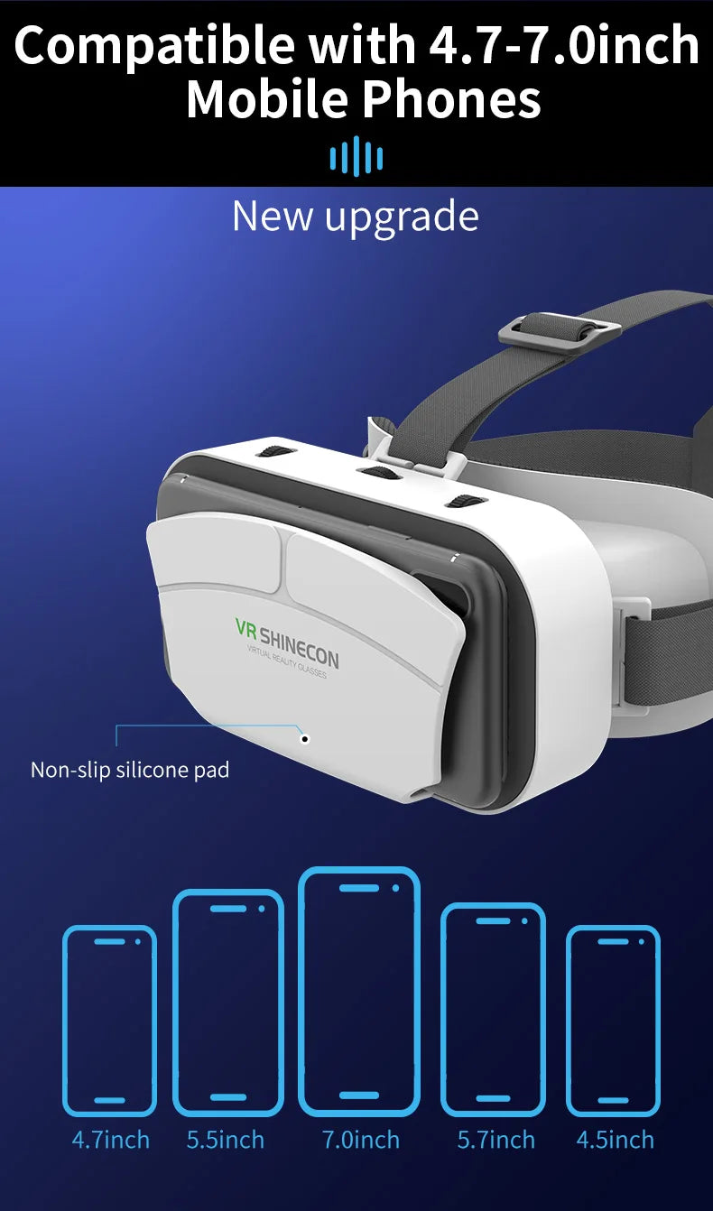 White and grey smartphone VR headset with adjustable strap and non-slip silicone pad. Fits phones 4.7 to 7.0 inches.