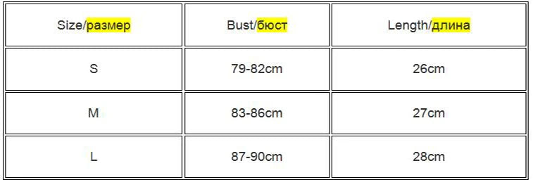 Size guide table for clothing showing bust and length measurements in cm for sizes S, M, and L.