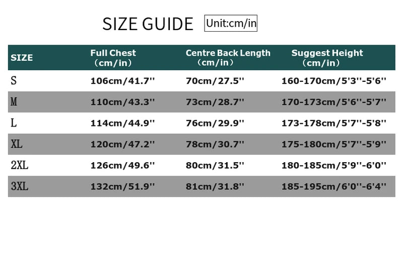 Size guide table for men's long-sleeve hi-vis workwear shirt, showing chest, back length, and height measurements.