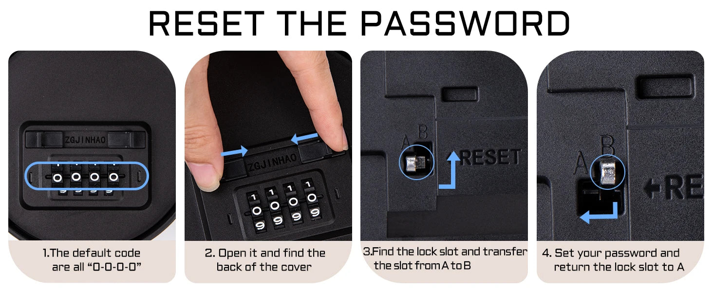 Four-step tutorial showing how to reset a black plastic combination lock using an internal A/B switch.