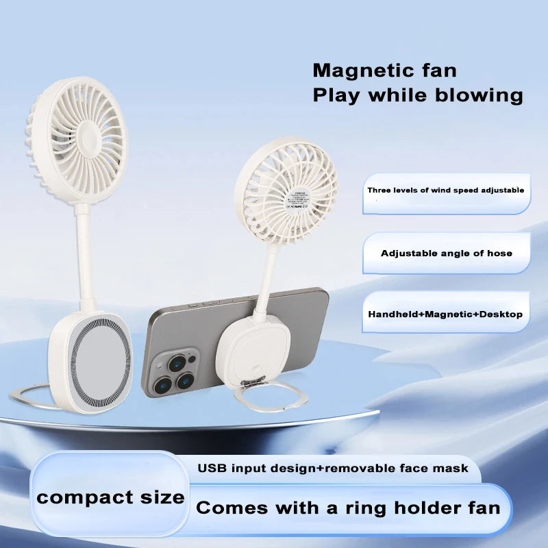 White, compact magnetic phone fan with flexible neck, 3 speed settings, and built-in ring holder for handheld use.