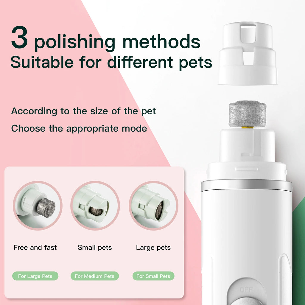 White electric pet nail grinder featuring a rechargeable design and three versatile polishing heads for all pet sizes.