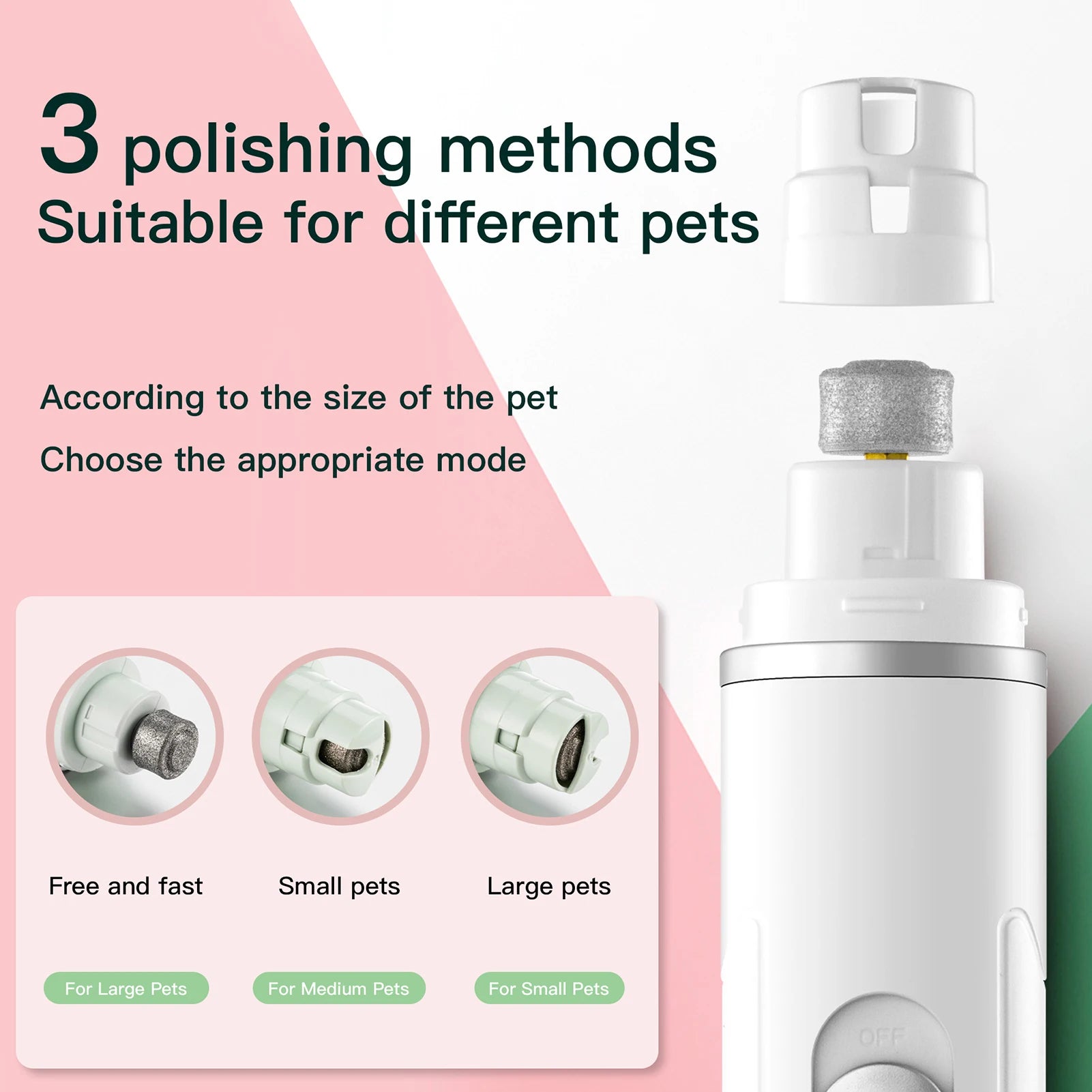 White electric pet nail grinder featuring a rechargeable design and three versatile polishing heads for all pet sizes.