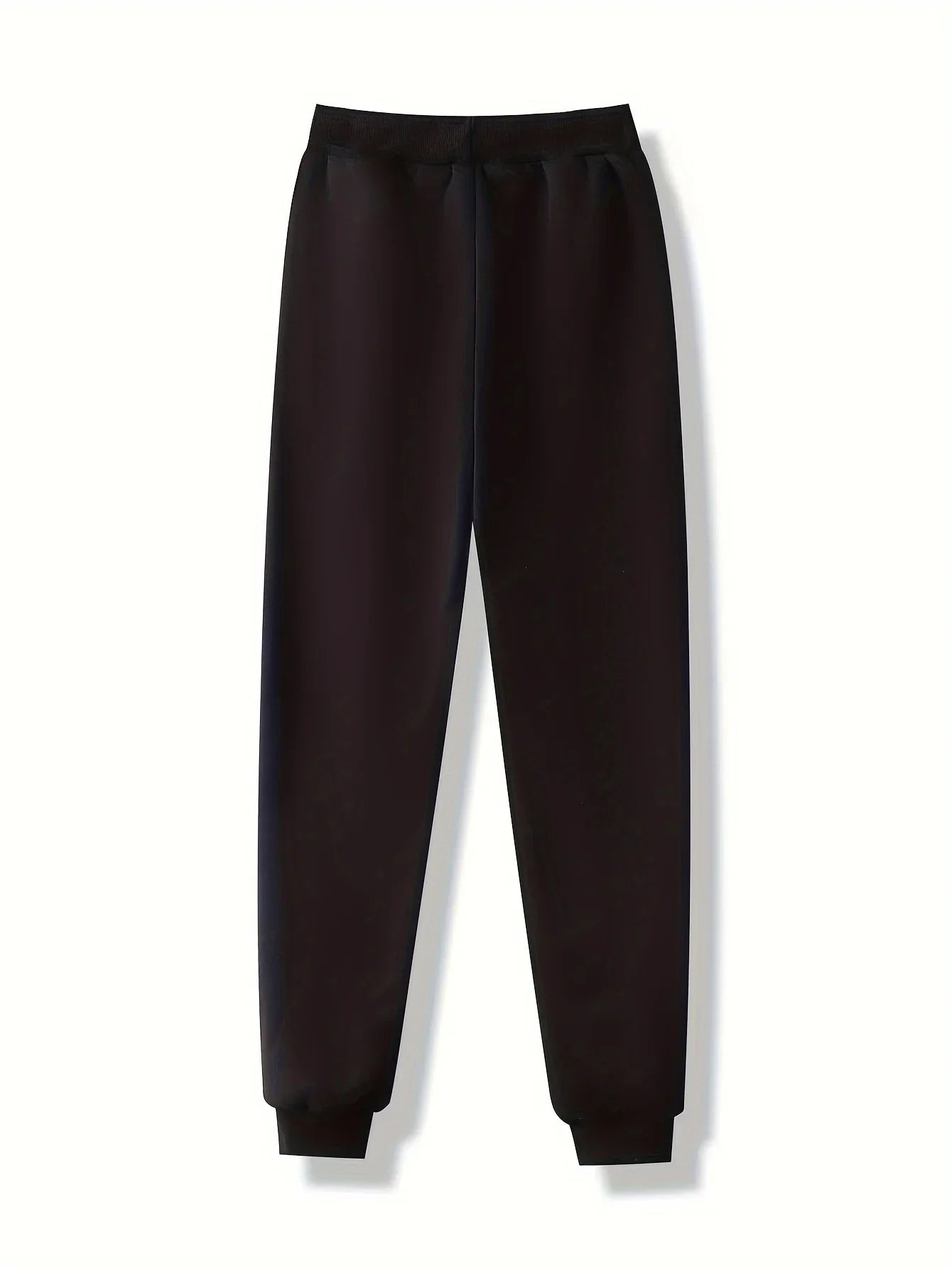 Plain black joggers with an elasticated waistband and cuffed ankles, perfect for casual everyday wear.