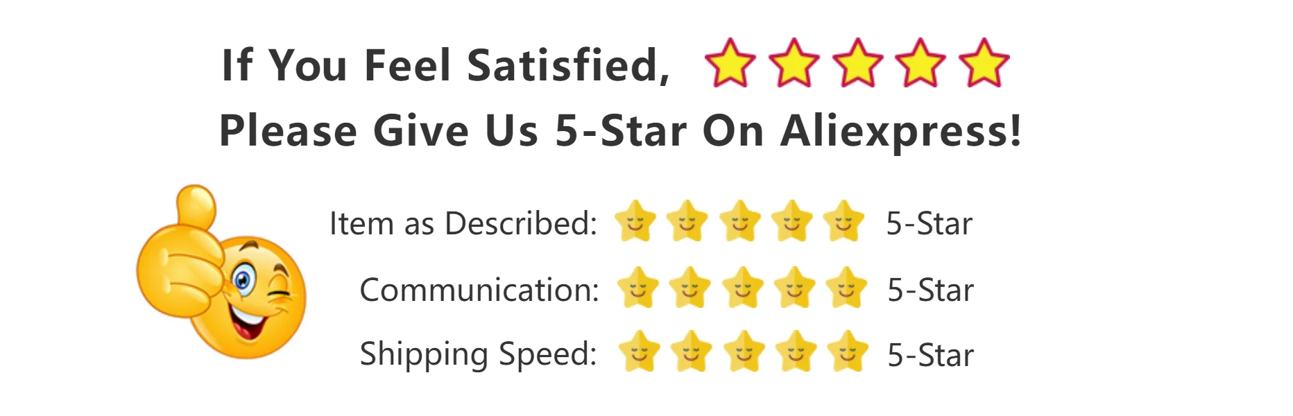 Graphic asking for a 5-star review, featuring a winking thumbs-up emoji and rows of smiling yellow star icons.