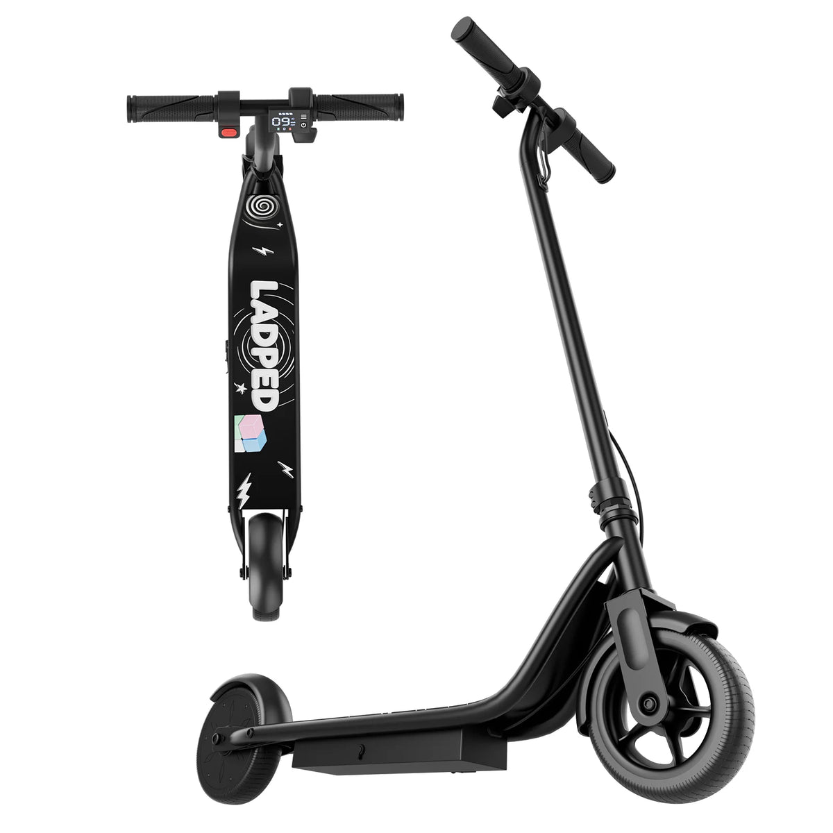 Ladped black electric scooter with 8.5-inch tires, handlebars with digital display, and deck graphics.