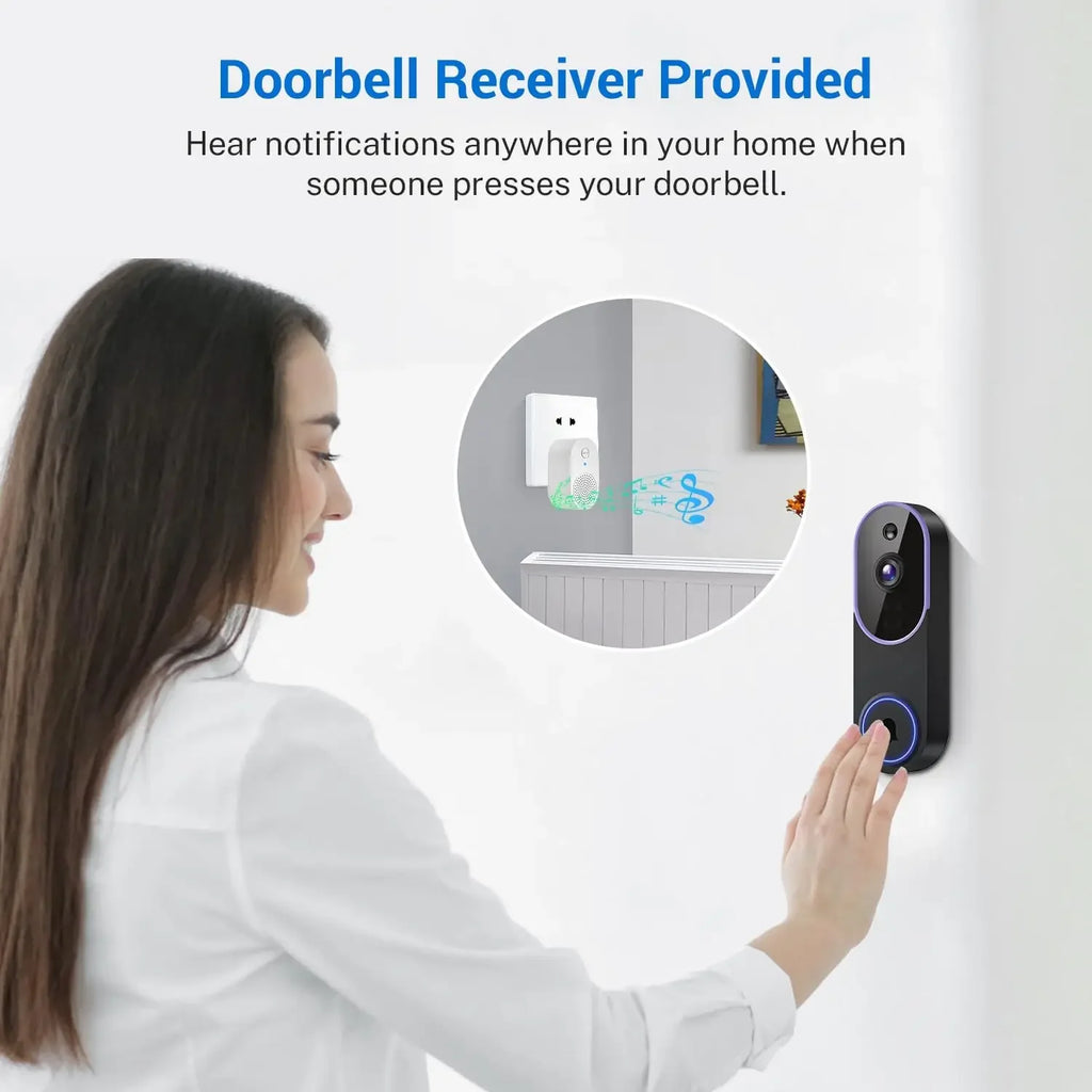 A woman presses a sleek, black smart wireless video doorbell on a wall, with an inset showing the plug-in receiver.