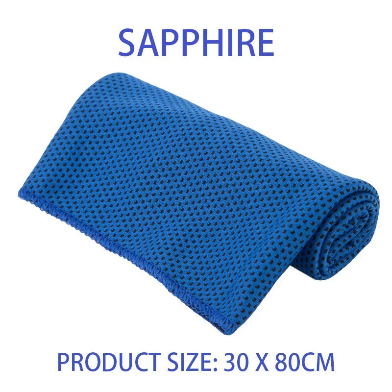 Folded sapphire blue cooling sports towel with a textured mesh surface, measuring 30 x 80cm.