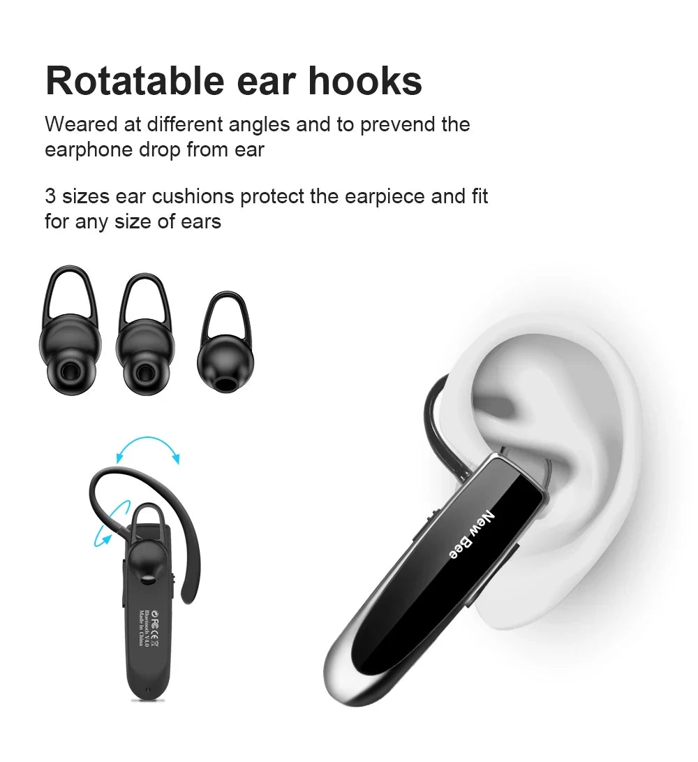 Black wireless Bluetooth headset with a rotatable ear hook and three different sized ear cushions for a secure fit.