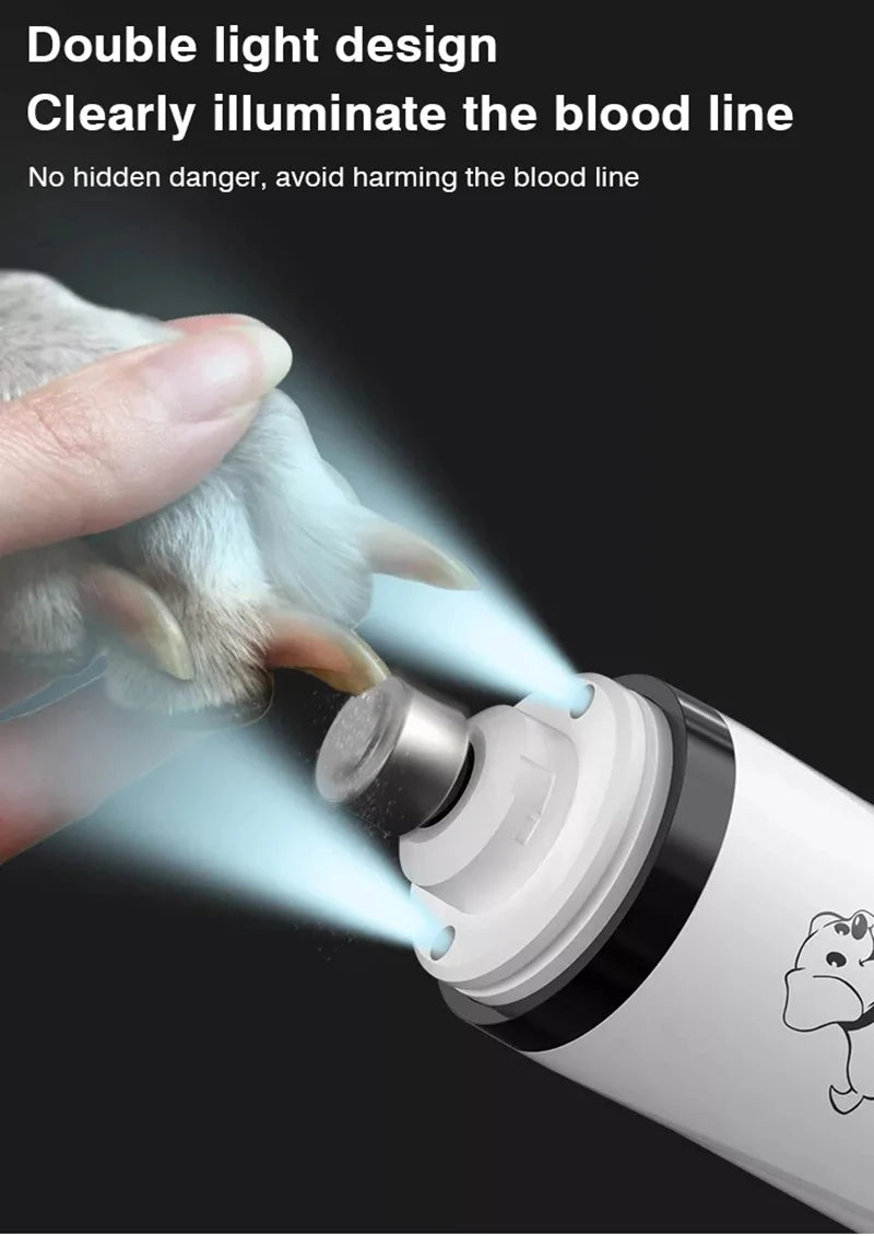 White electric pet nail grinder with LED lights, showing a dog’s paw being safely filed to illuminate the blood line.
