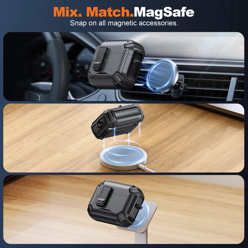 Rugged black carbon fibre-style MagSafe case for AirPods Pro, shown attaching to magnetic mounts and chargers.