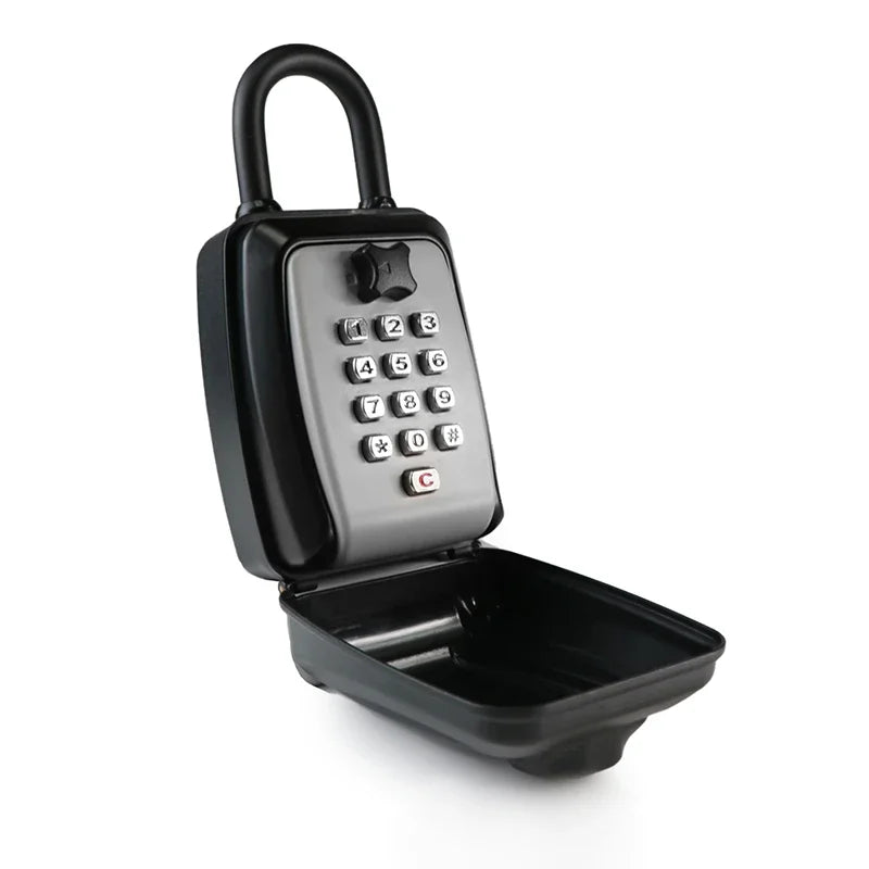 Black metal portable key lock box with a silver push-button keypad and a shackle, shown open.