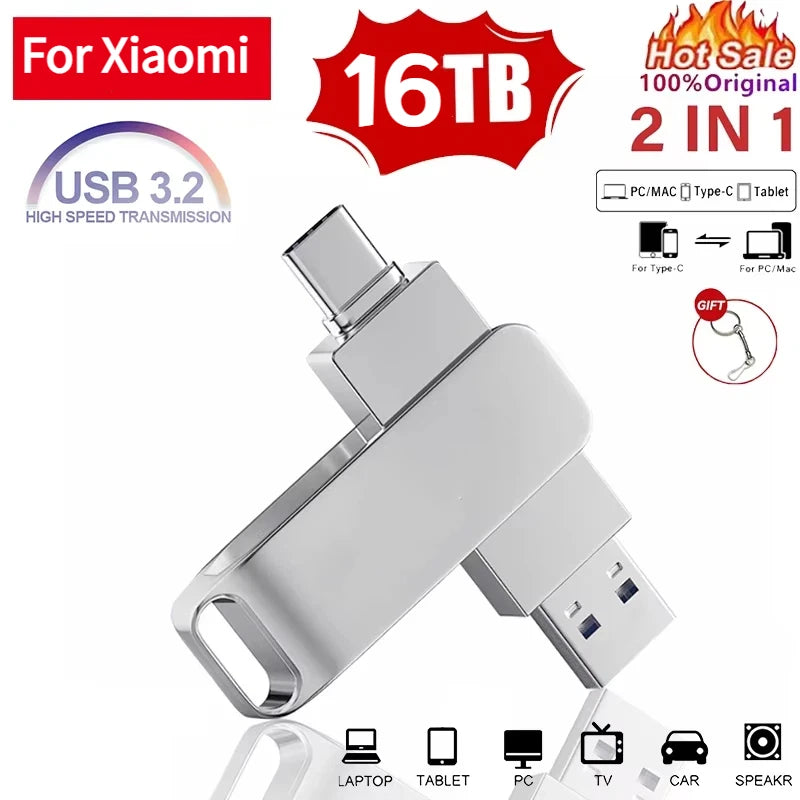 Silver 16TB 2-in-1 USB 3.2 flash drive with dual Type-C and standard USB connectors, suitable for multiple devices.