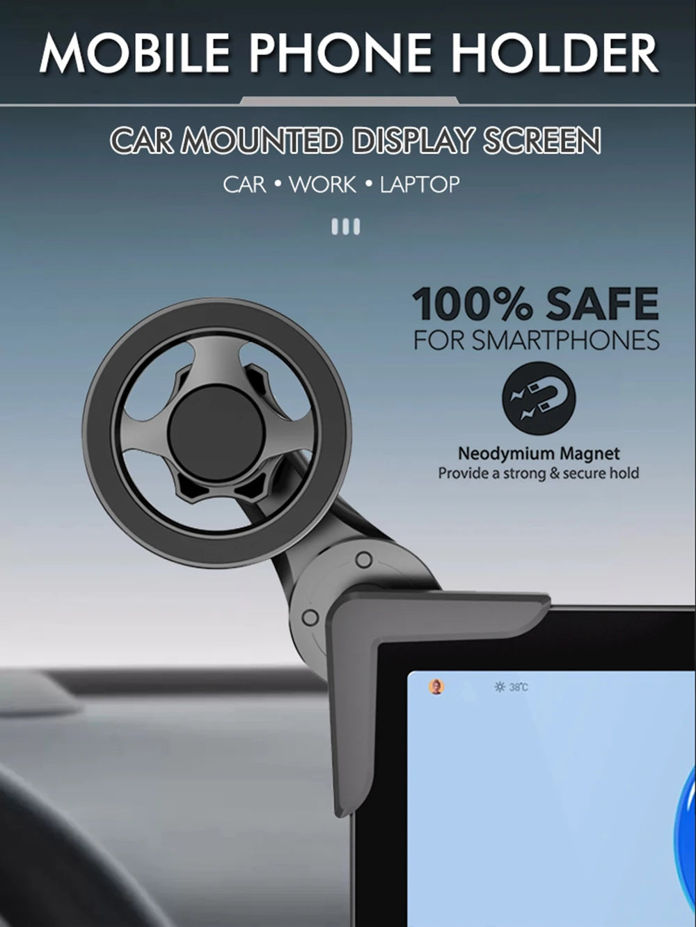 Grey magnetic phone holder for car displays with a sleek, adjustable arm and circular mounting design.