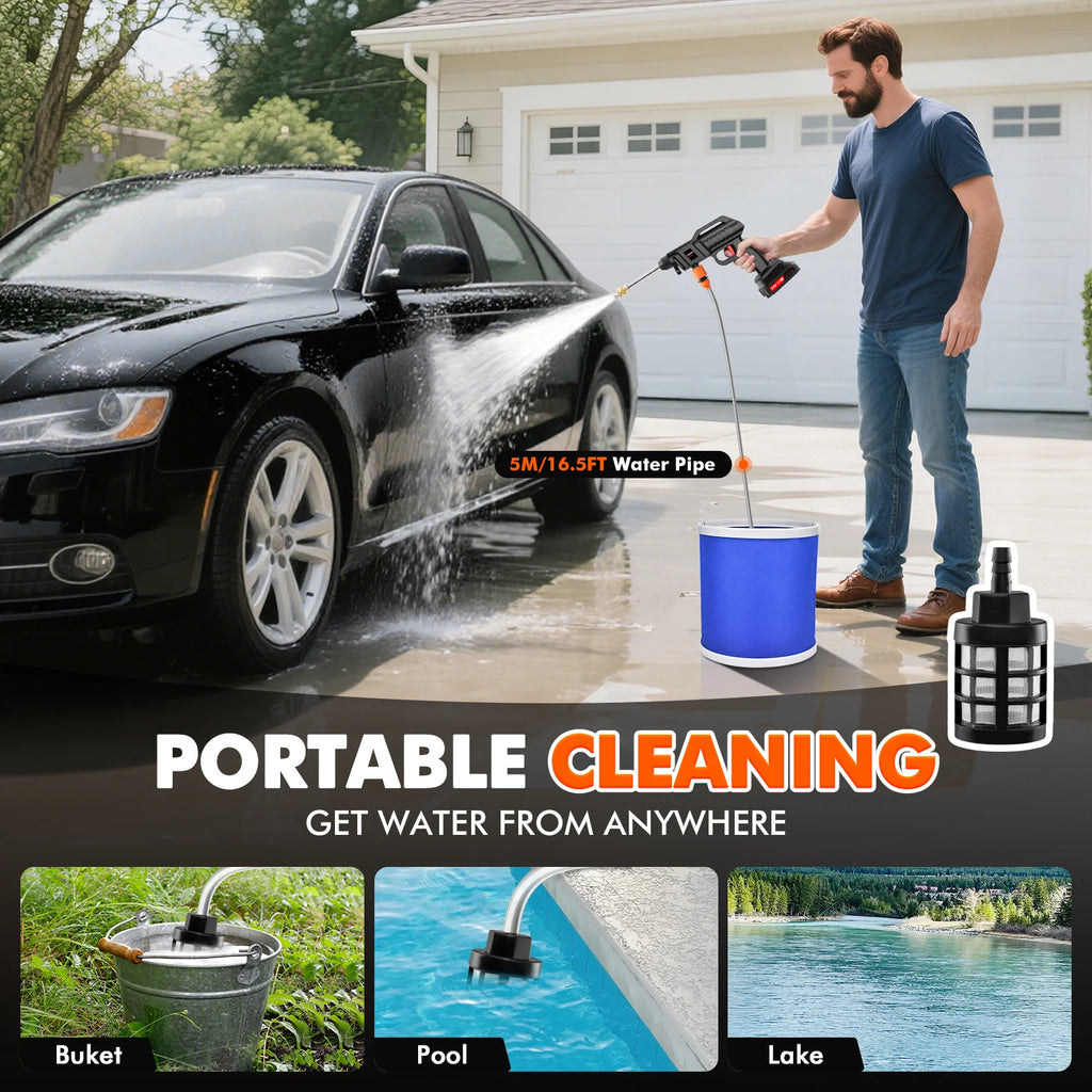 Cordless black pressure washer gun spraying water on a car from a blue bucket.