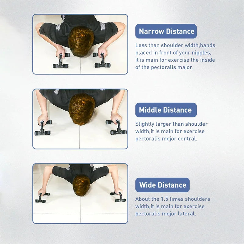 Three diagrams showing a person using black push-up bars for narrow, middle, and wide grip chest exercises.