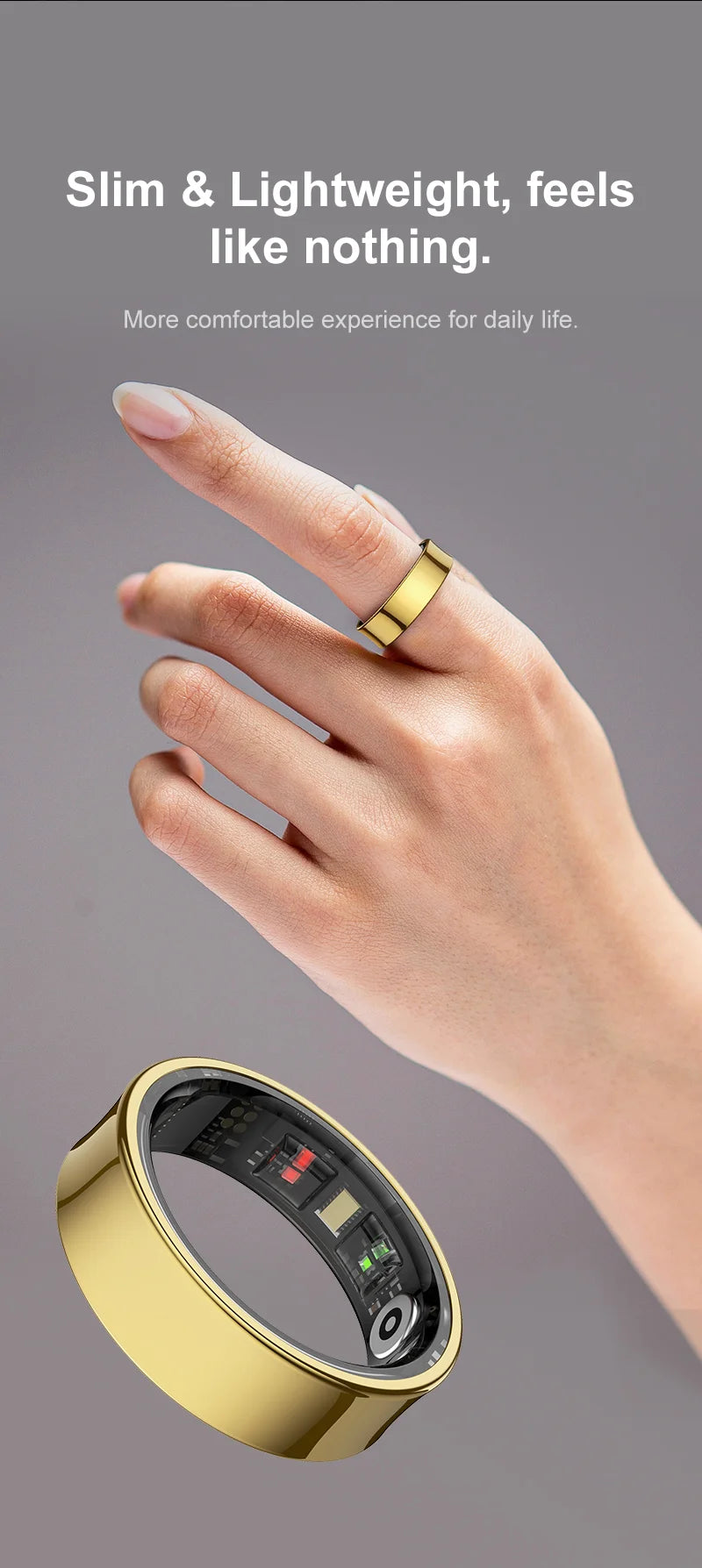 A sleek gold smart ring worn on a finger, showing its slim design and inner health monitoring sensors.