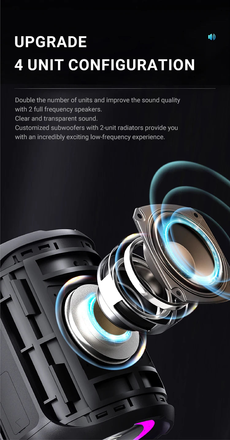 Exploded view of a black 40W Bluetooth speaker showing its internal 4-unit configuration and glowing sound wave rings.