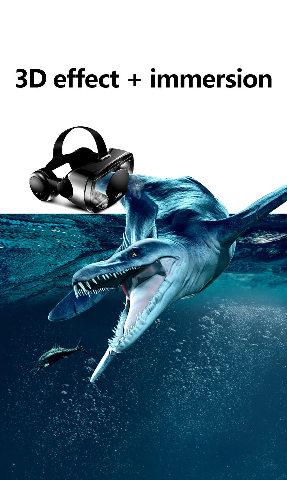 Black VR headset floating above an underwater scene with a large prehistoric sea reptile. Text reads: 3D effect + immersion.