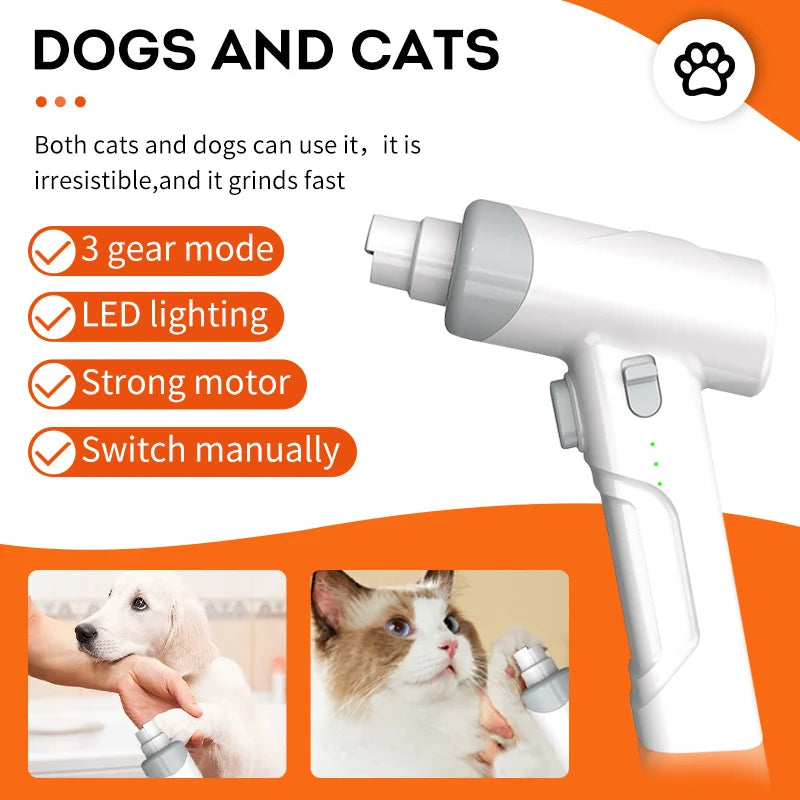 White and grey electric pet nail grinder with LED light and 3 speed settings, shown in use on a dog and a cat.
