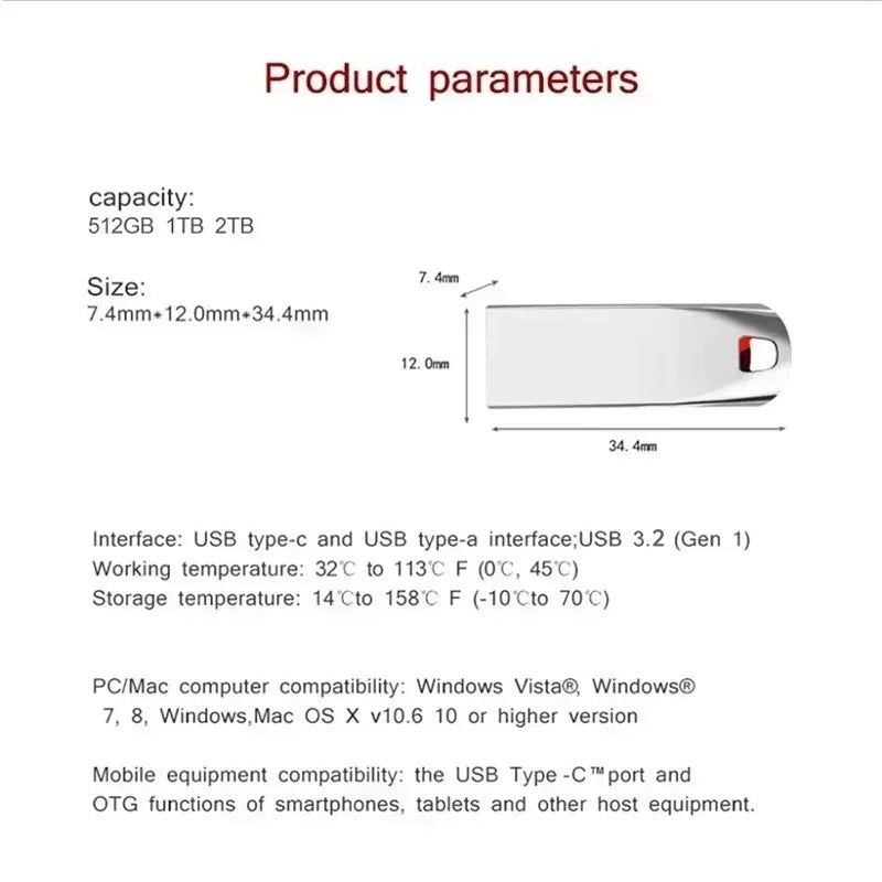 A sleek silver, portable USB flash drive with dual Type-C and Type-A interfaces. Shown with technical specifications.