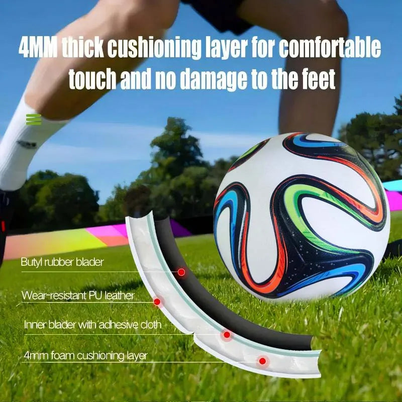 White football with multi-coloured curved patterns, showing internal layers like foam cushioning and durable PU leather.