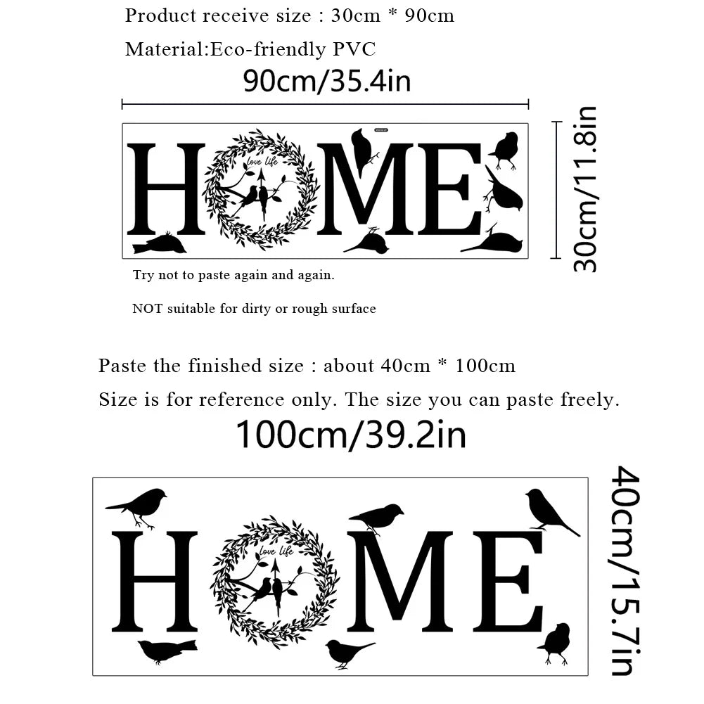Black self-adhesive wall sticker featuring the word 'HOME' with a decorative floral wreath and bird illustrations.