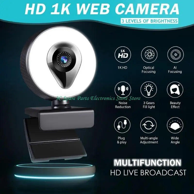 Black 1K HD plastic webcam with integrated ring light, noise-canceling mic, and adjustable mounting base.